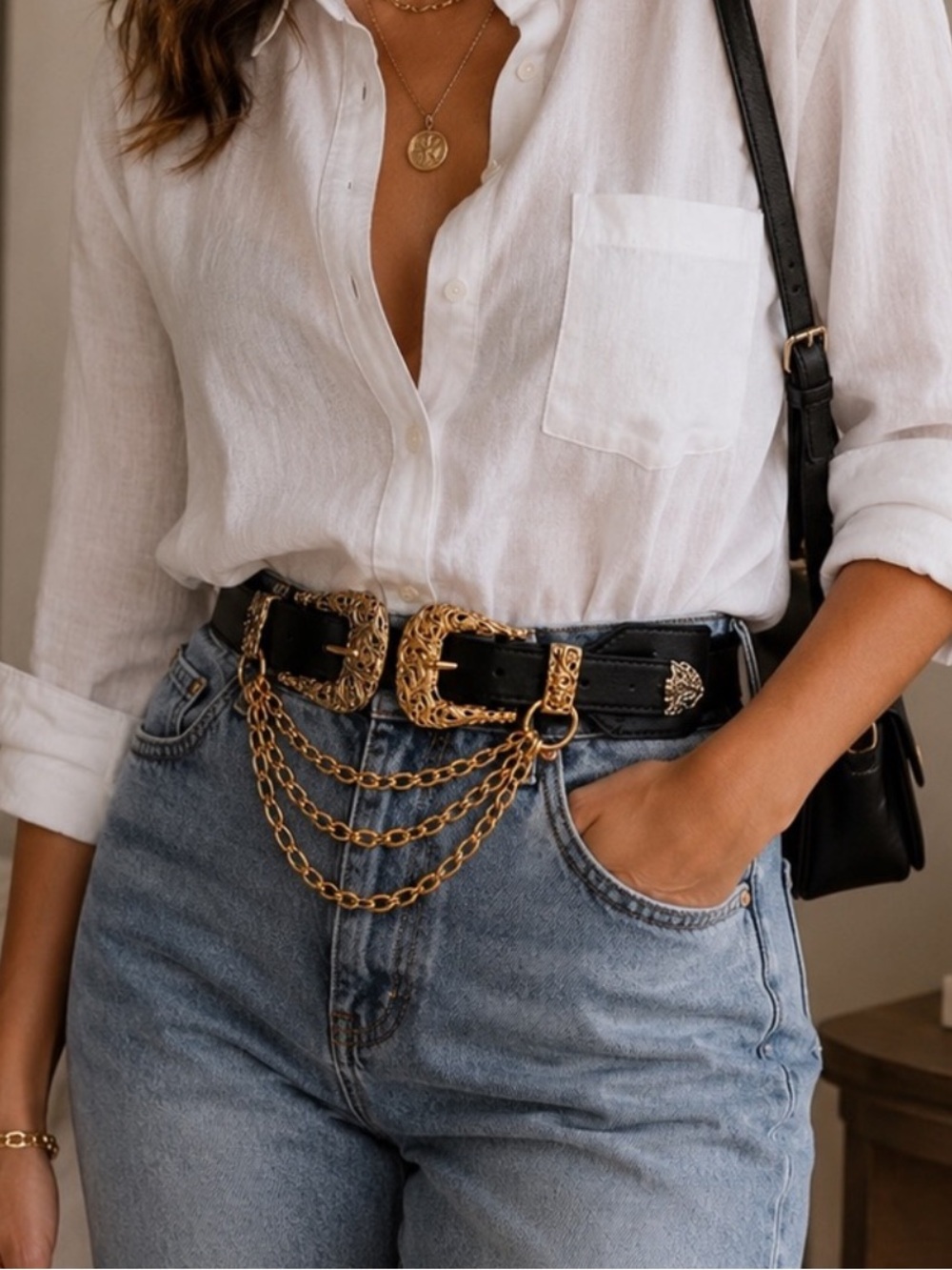 Western Gold Statement Buckle Adjustable Elastic Vegan Leather Belt